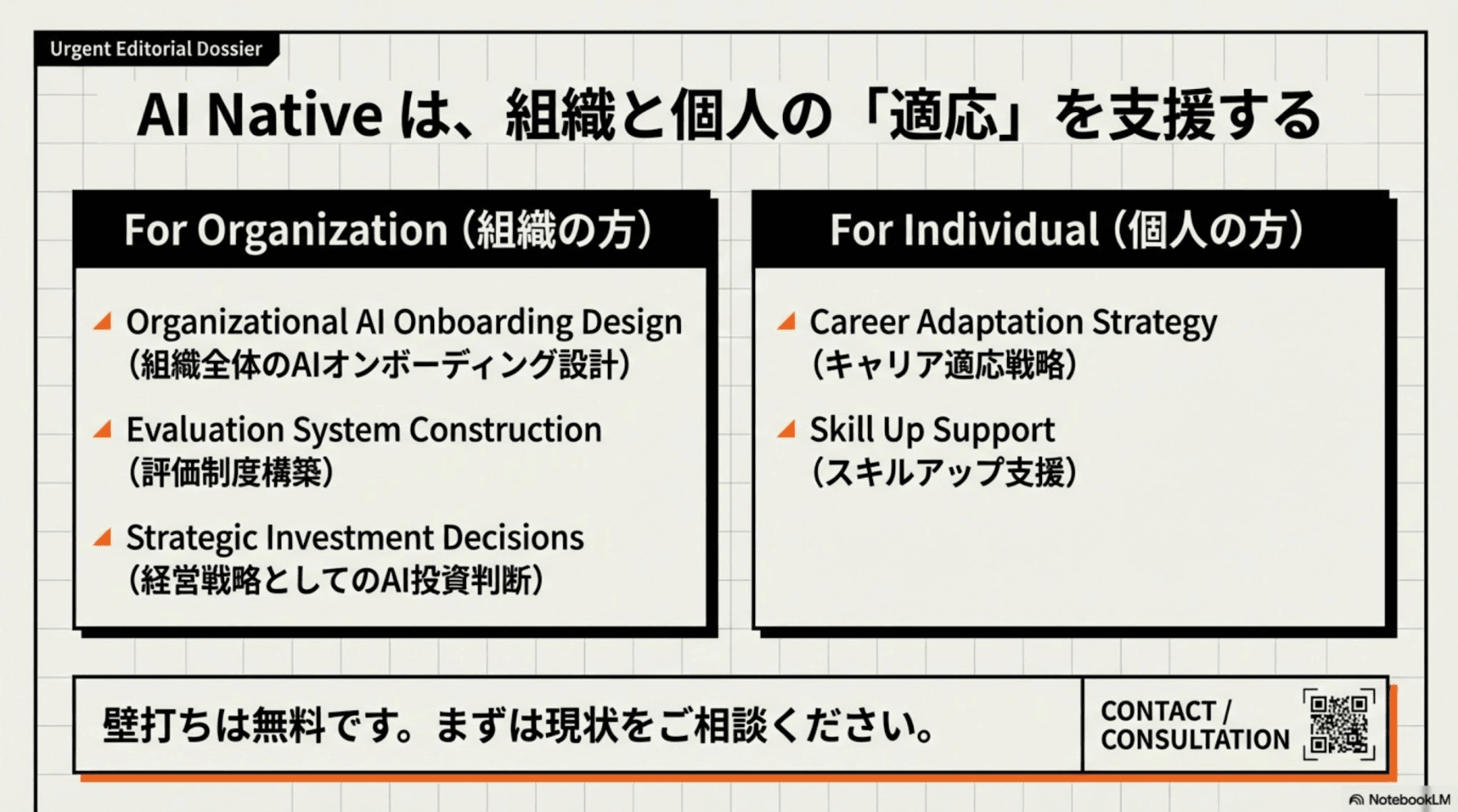 AI Nativeは、組織と個人の「適応」を支援する。組織向け：AIオンボーディング設計、評価制度構築、AI投資判断。個人向け：キャリア適応戦略、スキルアップ支援