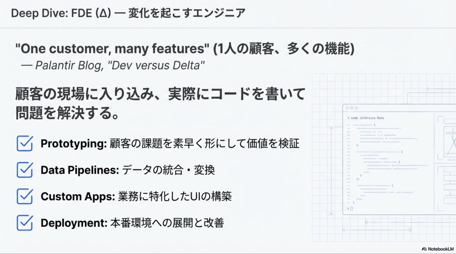 Deep Dive: FDE (Δ) — 変化を起こすエンジニア。顧客の現場に入り込み、実際にコードを書いて問題を解決する。