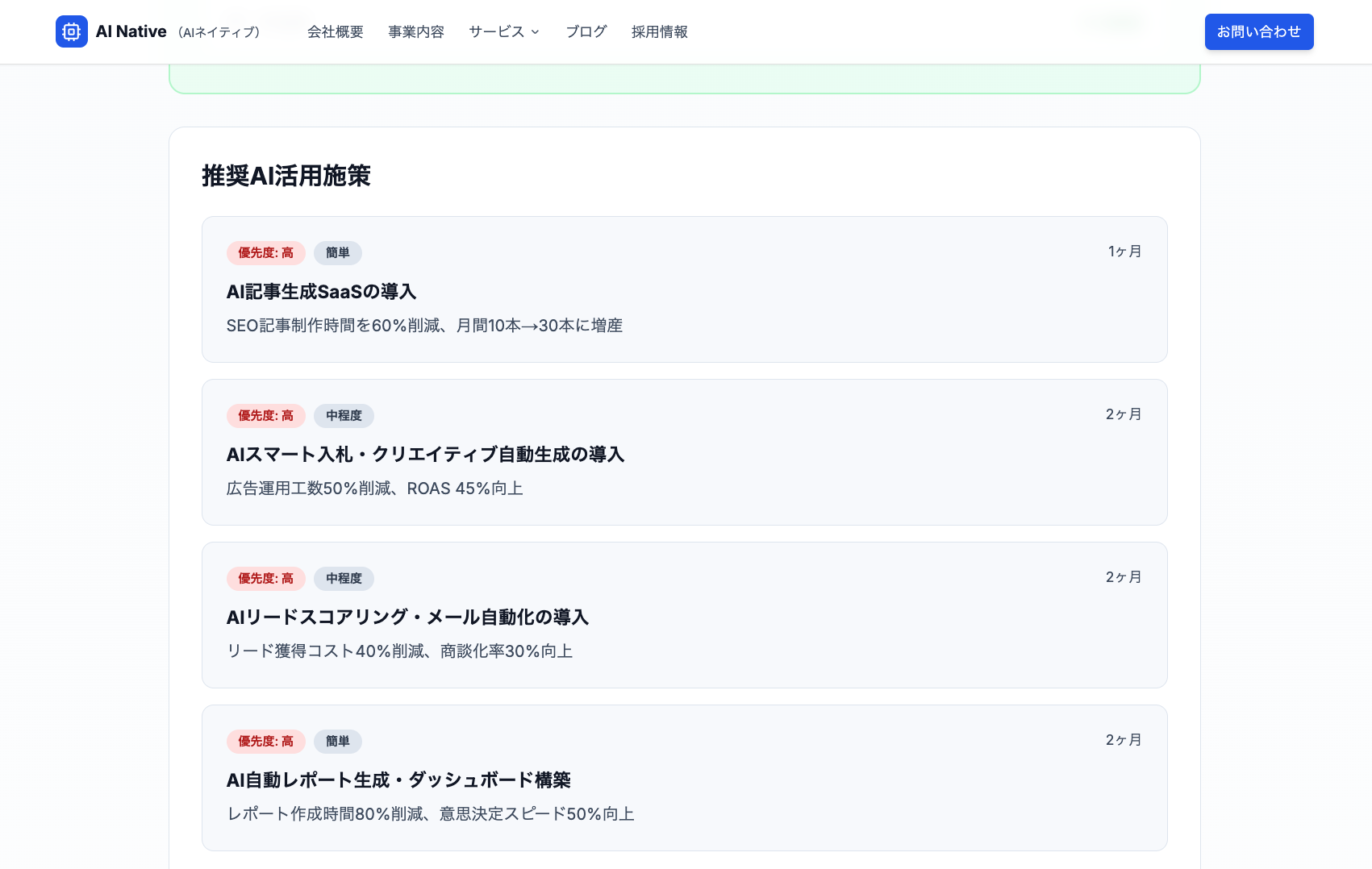 推奨AI活用施策 - 優先度（高/中/低）、難易度（簡単/中程度/難しい）、実装期間付きの具体的な施策リスト