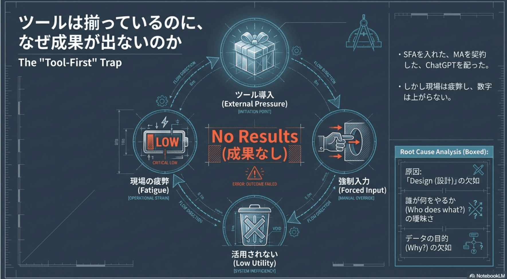 ツール先行型の失敗サイクル：ツール導入→強制入力→活用されない→現場の疲弊→成果なしの悪循環